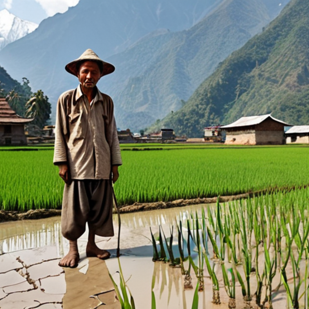 **A Nepali farmer standing in a rice paddy field, looking concerned at the cracked, dry earth due to a failed monsoon. In the background, the iconic Annapurna mountains are visible with drastically receding glaciers.**
