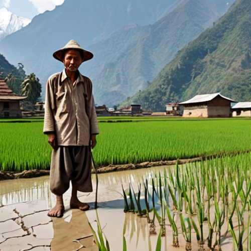 Home 11 **A Nepali farmer standing in a rice paddy field, looking concerned at the cracked, dry earth due to a failed monsoon. In the background, the iconic Annapurna mountains are visible with drastically receding glaciers.**