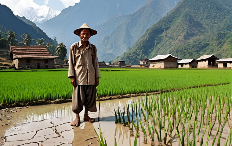 **A Nepali farmer standing in a rice paddy field, looking concerned at the cracked, dry earth due to a failed monsoon. In the background, the iconic Annapurna mountains are visible with drastically receding glaciers.**