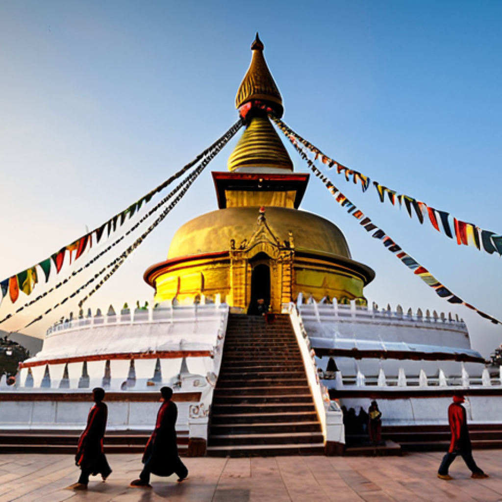 Swayambhunath Stupa at Sunset**

"A breathtaking view of the Swayambhunath Stupa in Kathmandu at sunset. The golden spire glows in the warm light, with the Buddha's eyes watching over the valley. Prayer flags flutter in the breeze. In the foreground, fully clothed pilgrims are respectfully walking around the stupa. The scene evokes a sense of peace and tranquility. Safe for work, appropriate content, fully clothed, perfect anatomy, natural proportions, professional photography, high quality, family-friendly."

**