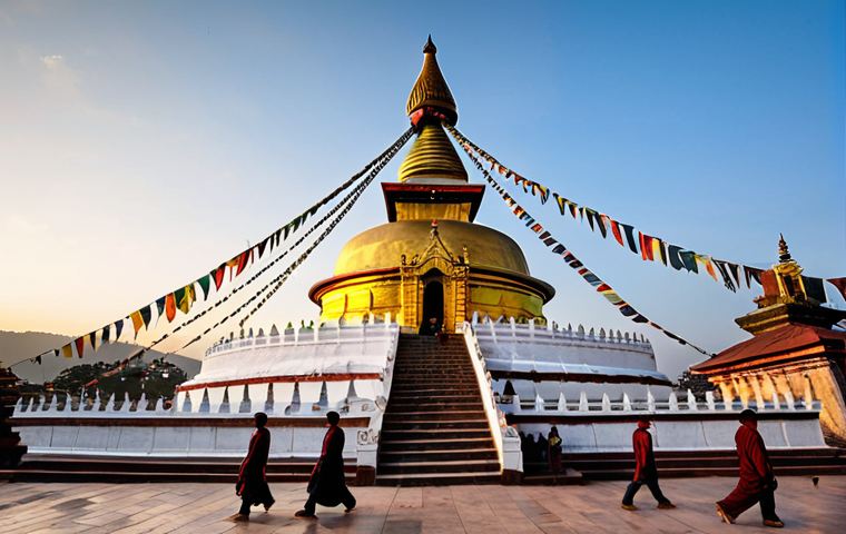 Swayambhunath Stupa at Sunset**

"A breathtaking view of the Swayambhunath Stupa in Kathmandu at sunset. The golden spire glows in the warm light, with the Buddha's eyes watching over the valley. Prayer flags flutter in the breeze. In the foreground, fully clothed pilgrims are respectfully walking around the stupa. The scene evokes a sense of peace and tranquility. Safe for work, appropriate content, fully clothed, perfect anatomy, natural proportions, professional photography, high quality, family-friendly."

**