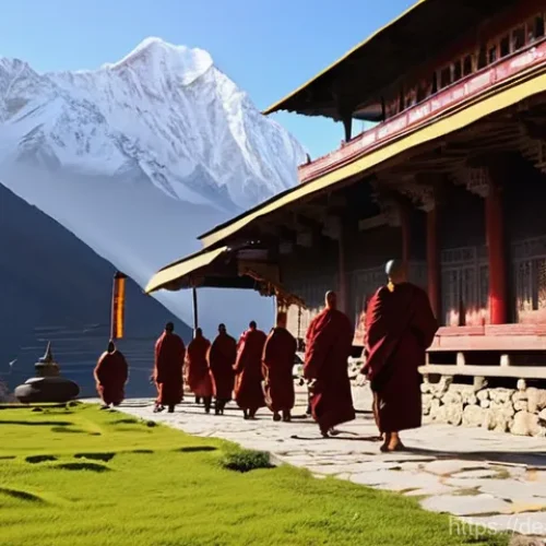 네팔의 오래된 수도원 탐방 - **Prompt:** A serene, ancient Buddhist monastery nestled high in the Nepalese Himalayas at sunrise. ...