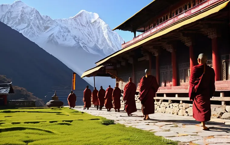 네팔의 오래된 수도원 탐방 - **Prompt:** A serene, ancient Buddhist monastery nestled high in the Nepalese Himalayas at sunrise. ...