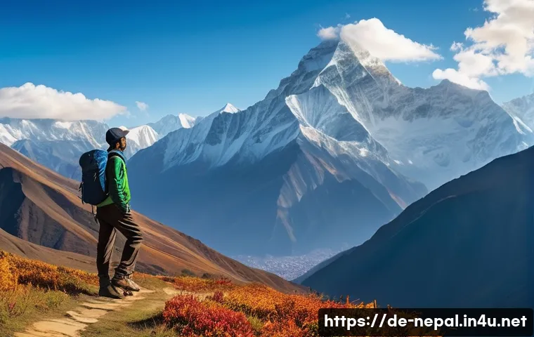 네팔의 기후와 계절별 여행 팁 - **Prompt:** A breathtaking panoramic view of the majestic Himalayas in Nepal during the crisp autumn...