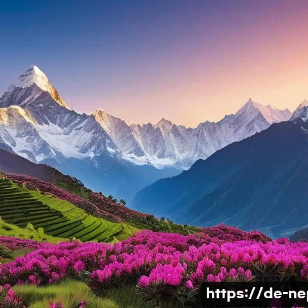 네팔 산악지역의 지형적 특징 - A vivid landscape illustrating the diverse elevation zones of Nepal’s Himalayas: starting from lush,...