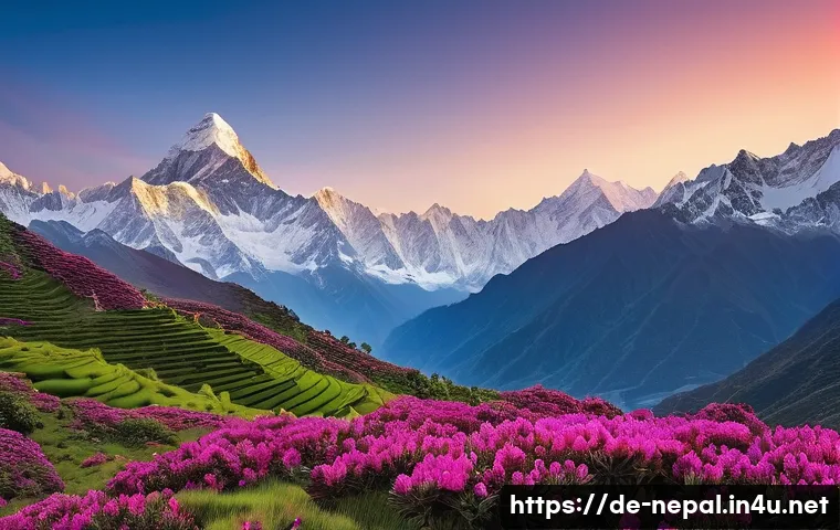 네팔 산악지역의 지형적 특징 - A vivid landscape illustrating the diverse elevation zones of Nepal’s Himalayas: starting from lush,...