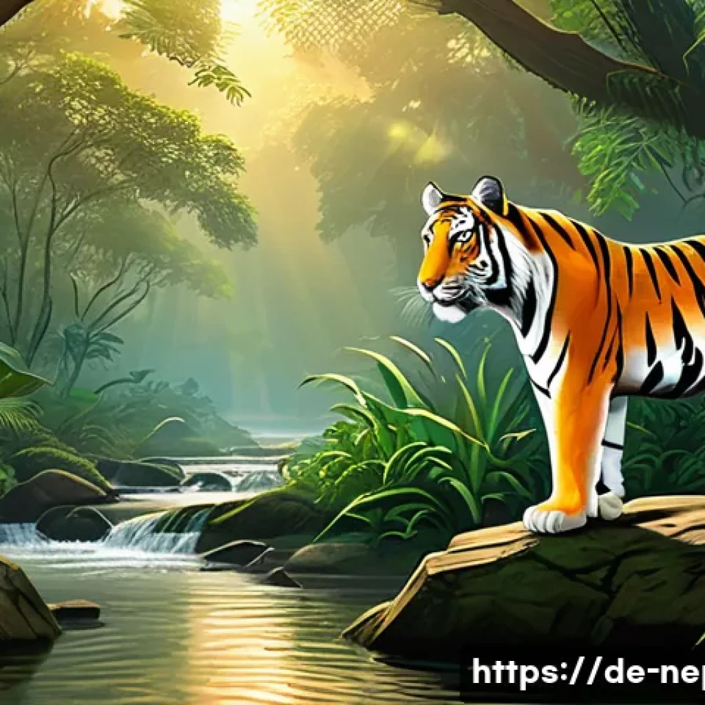 네팔의 야생 동물과 자연 보호구역 - A dense Nepalese forest scene at dawn, featuring towering ancient trees with thick underbrush and sp...