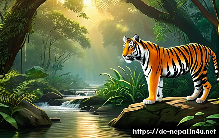 네팔의 야생 동물과 자연 보호구역 - A dense Nepalese forest scene at dawn, featuring towering ancient trees with thick underbrush and sp...