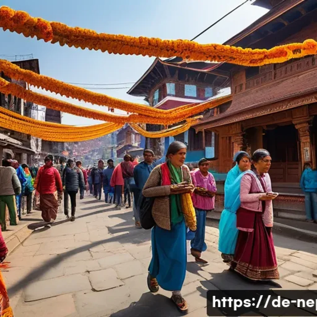 네팔과 티베트 문화 비교 - A vibrant street scene in Kathmandu during the Tihar festival, featuring families dressed in traditi...