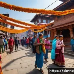네팔과 티베트 문화 비교 - A vibrant street scene in Kathmandu during the Tihar festival, featuring families dressed in traditi...