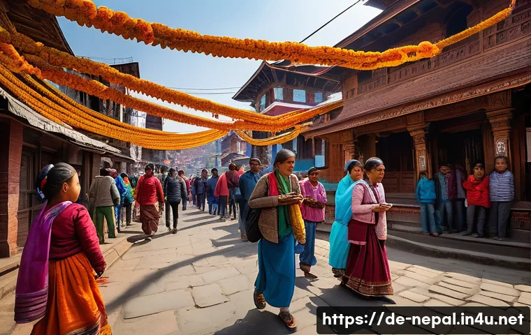 네팔과 티베트 문화 비교 - A vibrant street scene in Kathmandu during the Tihar festival, featuring families dressed in traditi...