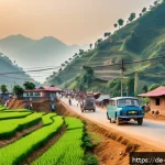 네팔과 주변국들의 외교적 관계 - A vibrant scene depicting a bustling Nepalese-Indian border crossing with improved infrastructure: m...