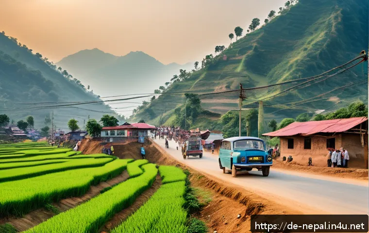 네팔과 주변국들의 외교적 관계 - A vibrant scene depicting a bustling Nepalese-Indian border crossing with improved infrastructure: m...