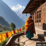 네팔에서의 여성 여행자 안전 팁 - A respectful Nepalese cultural scene showing a woman dressed modestly in traditional attire with a l...
