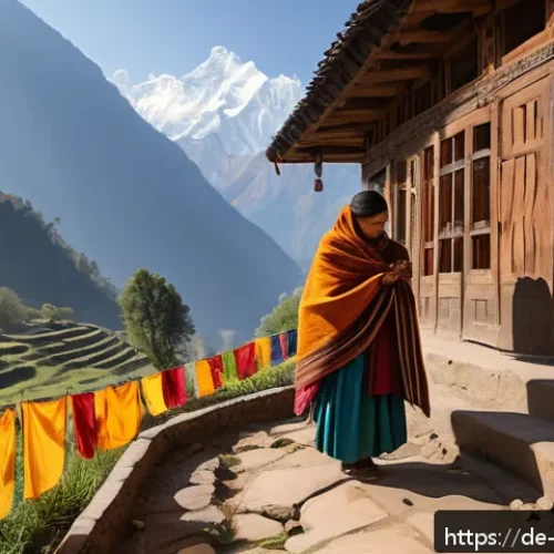 네팔에서의 여성 여행자 안전 팁 - A respectful Nepalese cultural scene showing a woman dressed modestly in traditional attire with a l...