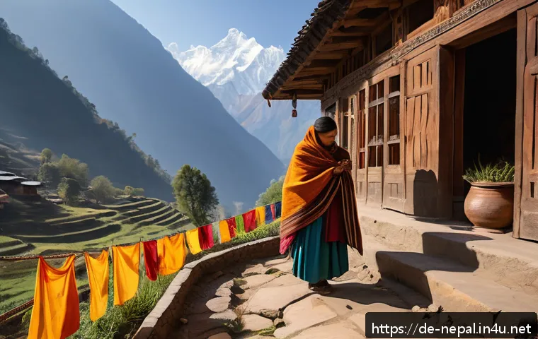 네팔에서의 여성 여행자 안전 팁 - A respectful Nepalese cultural scene showing a woman dressed modestly in traditional attire with a l...
