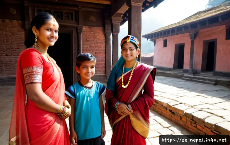 네팔 전통 의상과 문화 - Photorealistic editorial travel photograph of a Nepalese family in traditional attire standing in a ...