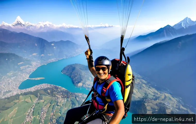 네팔에서 즐길 수 있는 패러글라이딩 - Photorealistic wide aerial view of tandem paragliding above Pokhara, Nepal, a German-speaking touris...